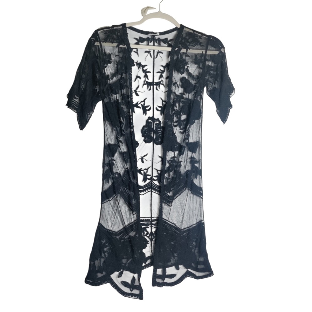 Ember Black Sheer Floral Lace Kimono Cardigan Short Sleeve Small